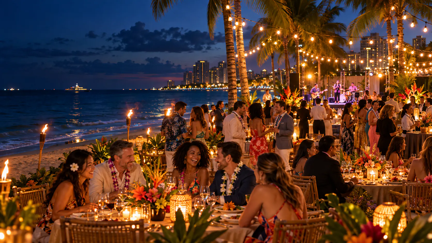 Illustration of a beachfront luau with palms, market lights and live music
